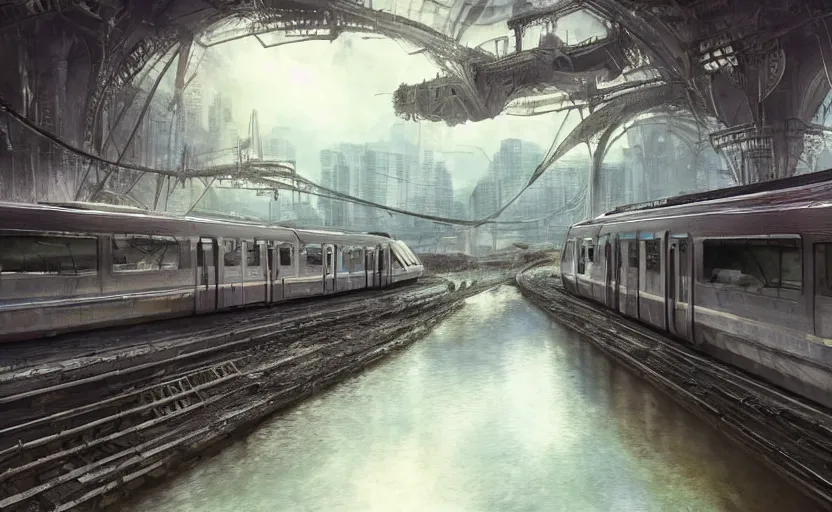 Image similar to An urban train rides inside of a waterway on a fantasy city, hyperrealistic mixed media, stunning 3d render inspired art by P. Craig Russell and Barry Windsor-Smith + perfect facial symmetry + dim volumetric lighting, 8k octane beautifully detailed render, post-processing, extremely hyperdetailed, intricate futuristic mechanic parts, epic composition, grim yet sparkling atmosphere, cinematic lighting + masterpiece, trending on artstation