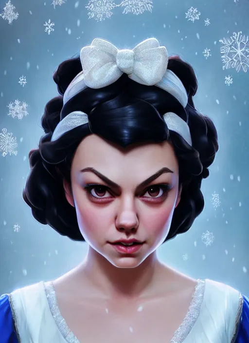 Prompt: beautiful happy mila kunis as snow white princess disney, character art, art by artgerm lau and wlop and and ilya kuvshinov and john singer sargent, hyperdetailed, 8 k realistic, symmetrical, frostbite 3 engine, cryengine, dof, trending on artstation, digital art