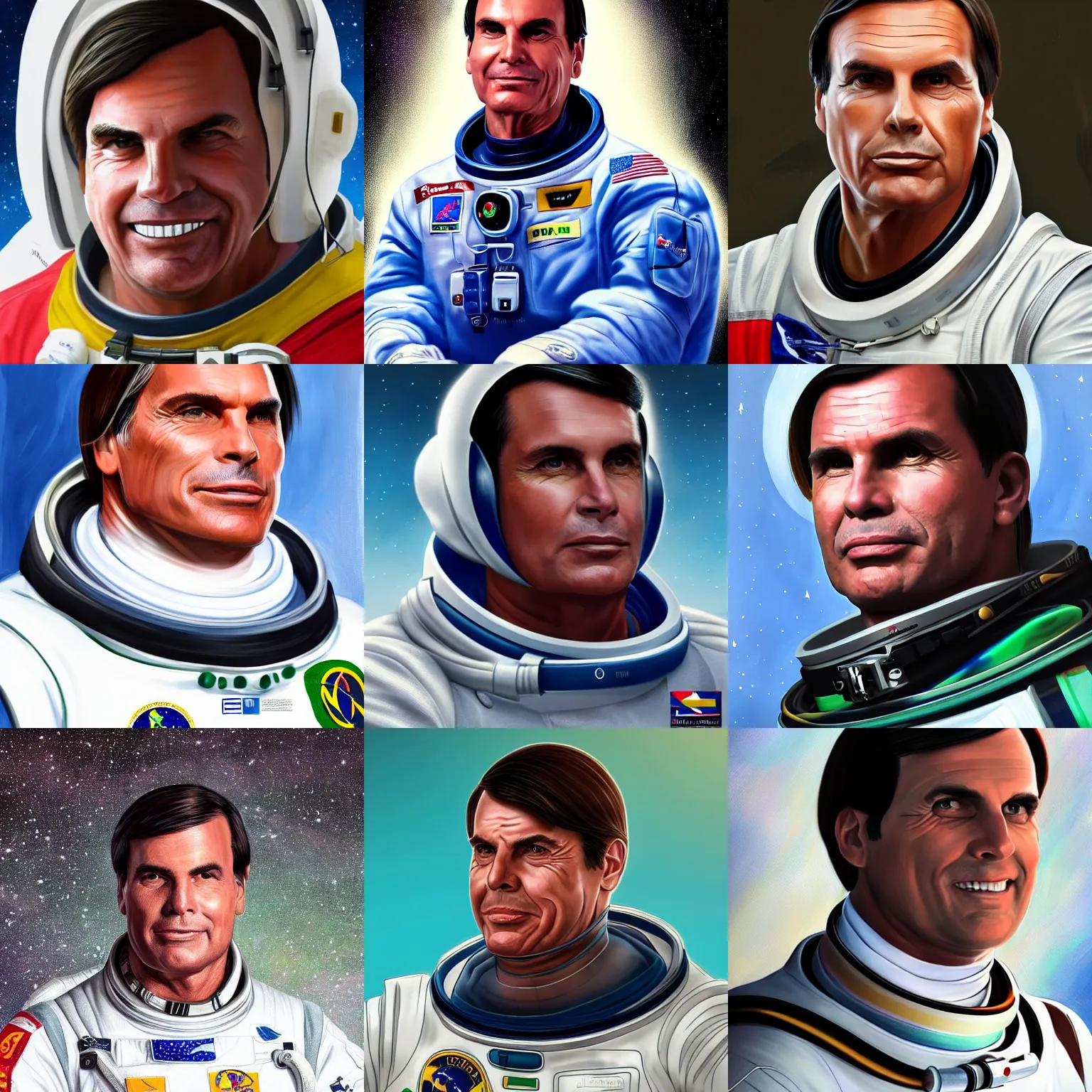 Prompt: A portrait of Jair Messias Bolsonaro wearing an astronaut suit, trending on artstation, high detailed, 4k digital art