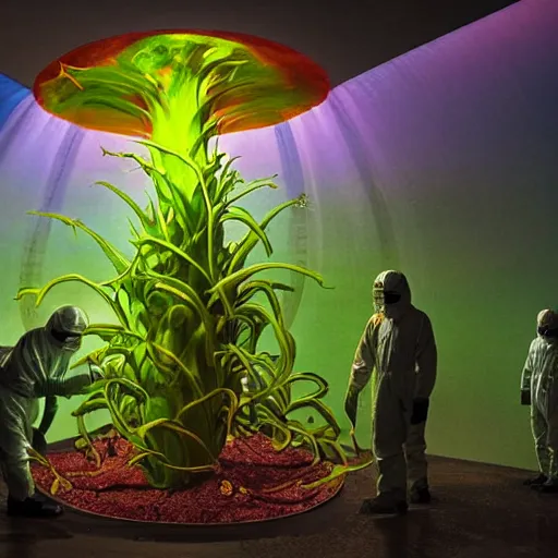 Prompt: vintage photo, scientists in hazmat suits watching a giant massive exotic colorful tropical alien carnivorous plant devouring eating ingesting a human prisoner, extremely detailed. stark. refraction. shallow depth of field. volumetric light and shadow. ray tracing. light rays