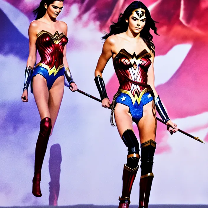 Prompt: professional full length photograph of kendall jenner as wonder woman. Extremely detailed. 8k