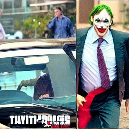 Image similar to bill gates as the joker from batman in an action scene in fast & furious, action shot from the movie fast & furious, bill gates as the joker villain drifting