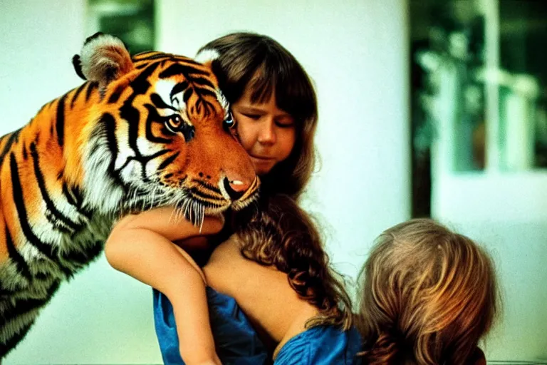 Prompt: close-up color film photography 1970s, girl hugs a tiger, soft light, 35mm, film photo, Joel Meyerowitz