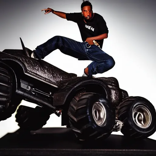 Image similar to travis scott figure standing on top of a black toy monster truck, studio lighting, white background