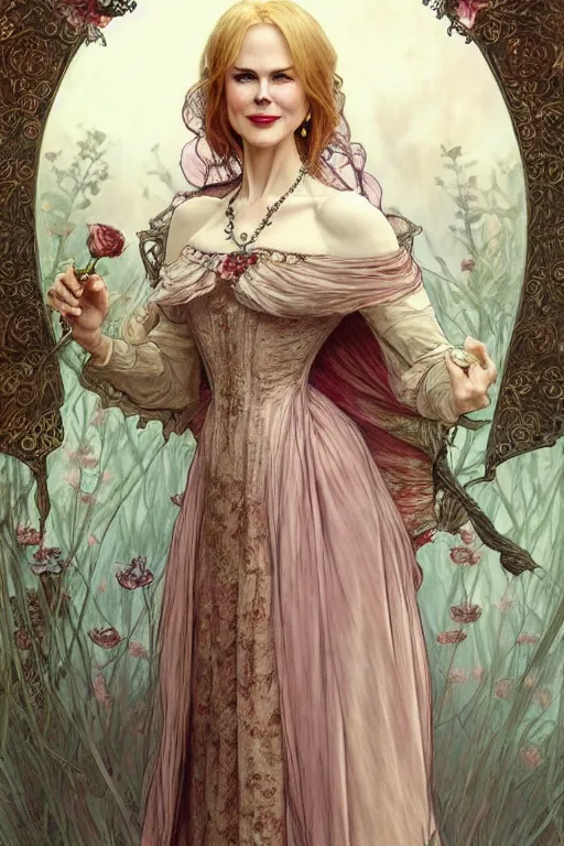 Image similar to Nicole Kidman dressed in a victorian roses dress fashion, D&D, fantasy, intricate, elegant, highly detailed, digital painting, artstation, concept art, matte, sharp focus, illustration, art by Artgerm and Greg Rutkowski and meredit frampton and Alphonse Mucha