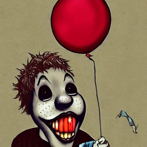 Prompt: grunge cartoon painting of kanye with a wide smile and a red balloon by chris leib, loony toons style, pennywise style, corpse bride style, horror theme, detailed, elegant, intricate