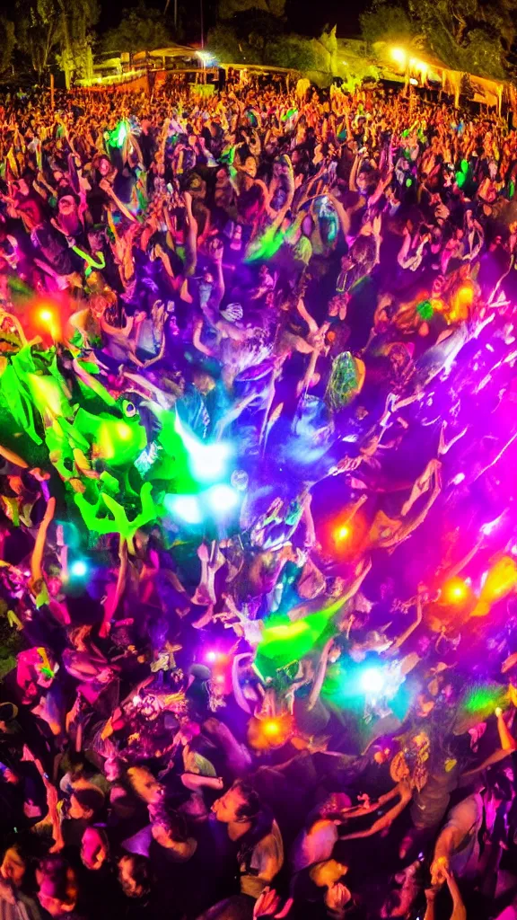 Image similar to a crowded park outside, where a rave is going on, disco lighting, photography,