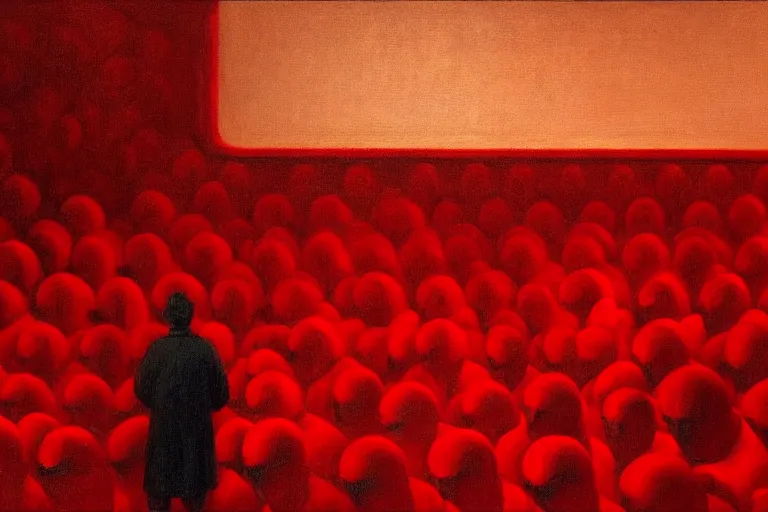 Image similar to only with red, crowd screaming, an exposed painting in a roman theater, in the style of beksinski, parts by edward hopper, parts by rodcenko, parts by yue minjun, intricate and epic composition, red by caravaggio, insanely quality, highly detailed, masterpiece, red light, artstation, 4 k