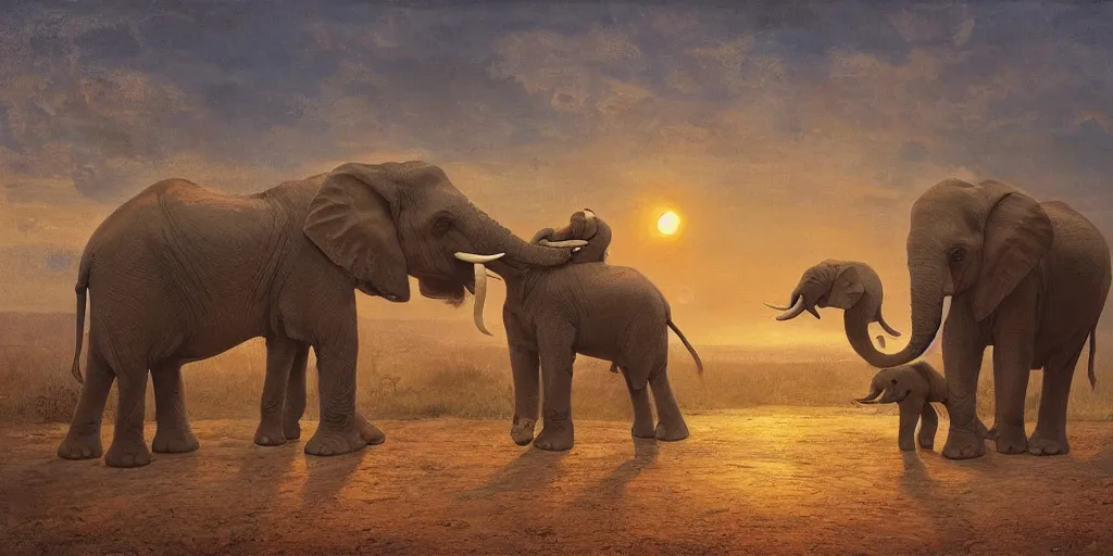 Image similar to two adult elephants comfort a baby elephant, golden hour, savannah, illustration, detailed, smooth, soft, warm, by Adolf Lachman, Shaun Tan, Surrealism