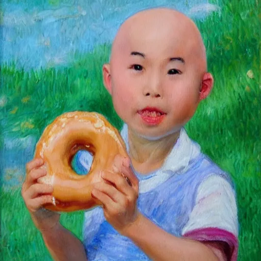 Prompt: bald chinese boy holding a donut, impressionist painting art