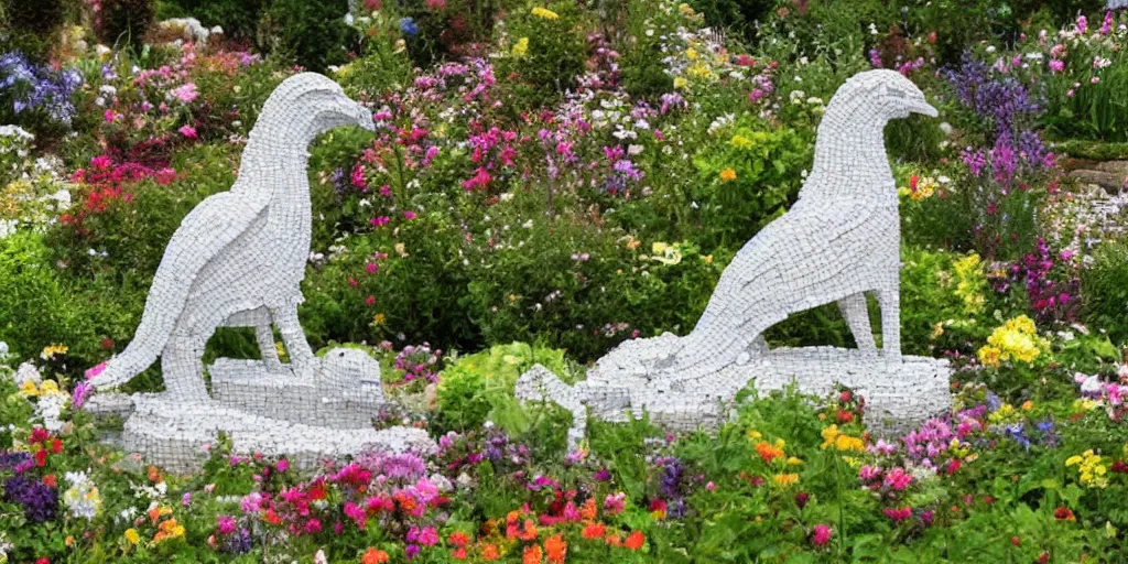 Image similar to extremely detailed pebble mosaic statue, of a griffin, in an english cottage style flower garden