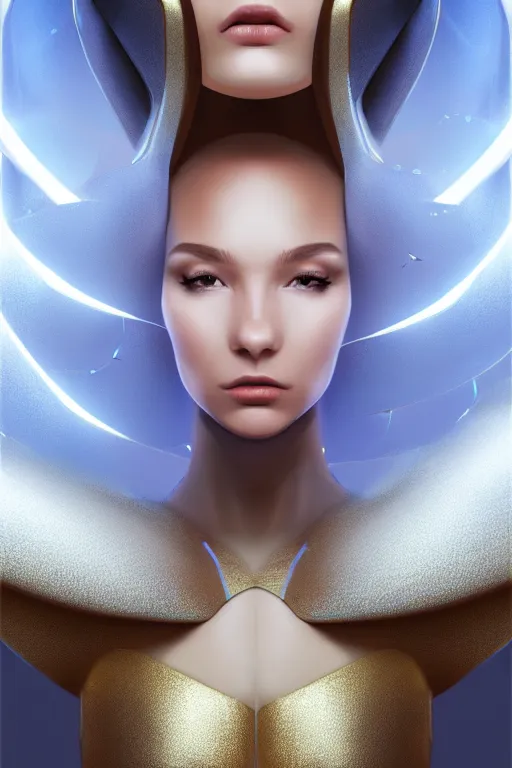 Image similar to detailed portrait glam cyber noun, attractive feminine curves, intricate, scifi, futuristic, elegant cape, elegant, alien room background, white, blue, gold, photorealism, trending on artstation, holy halo, advanced technology, art by moebius and vitaly bulgarov and chanthara