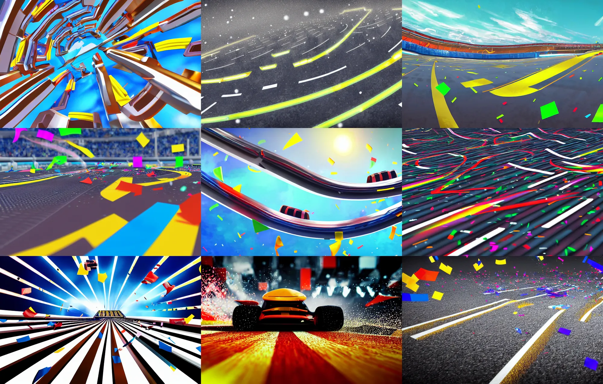 Prompt: angled up low angle wide angle shot worms eye view of a realistic futuristic vehicle racetrack finish line with confetti on a sunny day with a clear blue cloudy sky, cyberpunk, digital painting, good value control, crowded stands, rule of thirds, golden ratio, horizon line focus, sharp focus, fourze, realistic textures, f - zero, 8 k