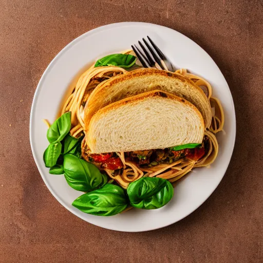 Prompt: photo of a pasta sandwich, professional, studio, marco, 4 k