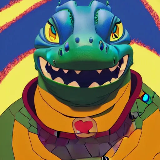 Image similar to in the style of artgerm and disney, 3 d render, anthropomorphic alligator, symmetrical face, symmetrical eyes, red scales on his back, yellow scale on his belly and chest, male, waring a hawaiian shirt, in the style of zootopia, hd, 4 k, high definition background