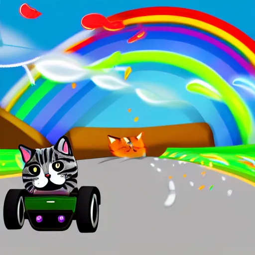 Image similar to digital illustration of a cat with wind blowing through his jacket, driving a kart through rainbow road, 4K