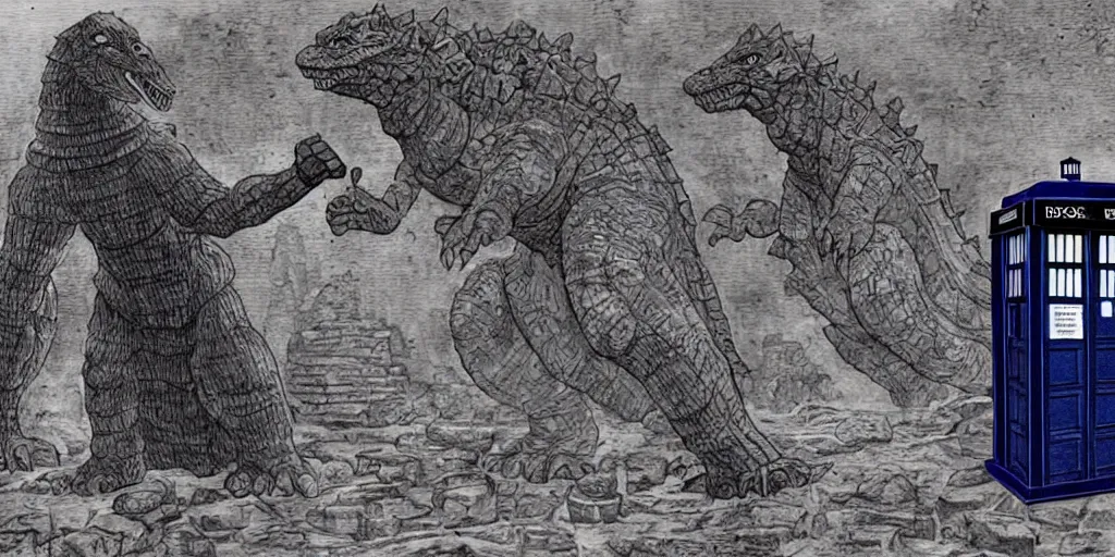 Image similar to doctor who tardis meets godzilla in ancient egypt in 2 0 0 bc