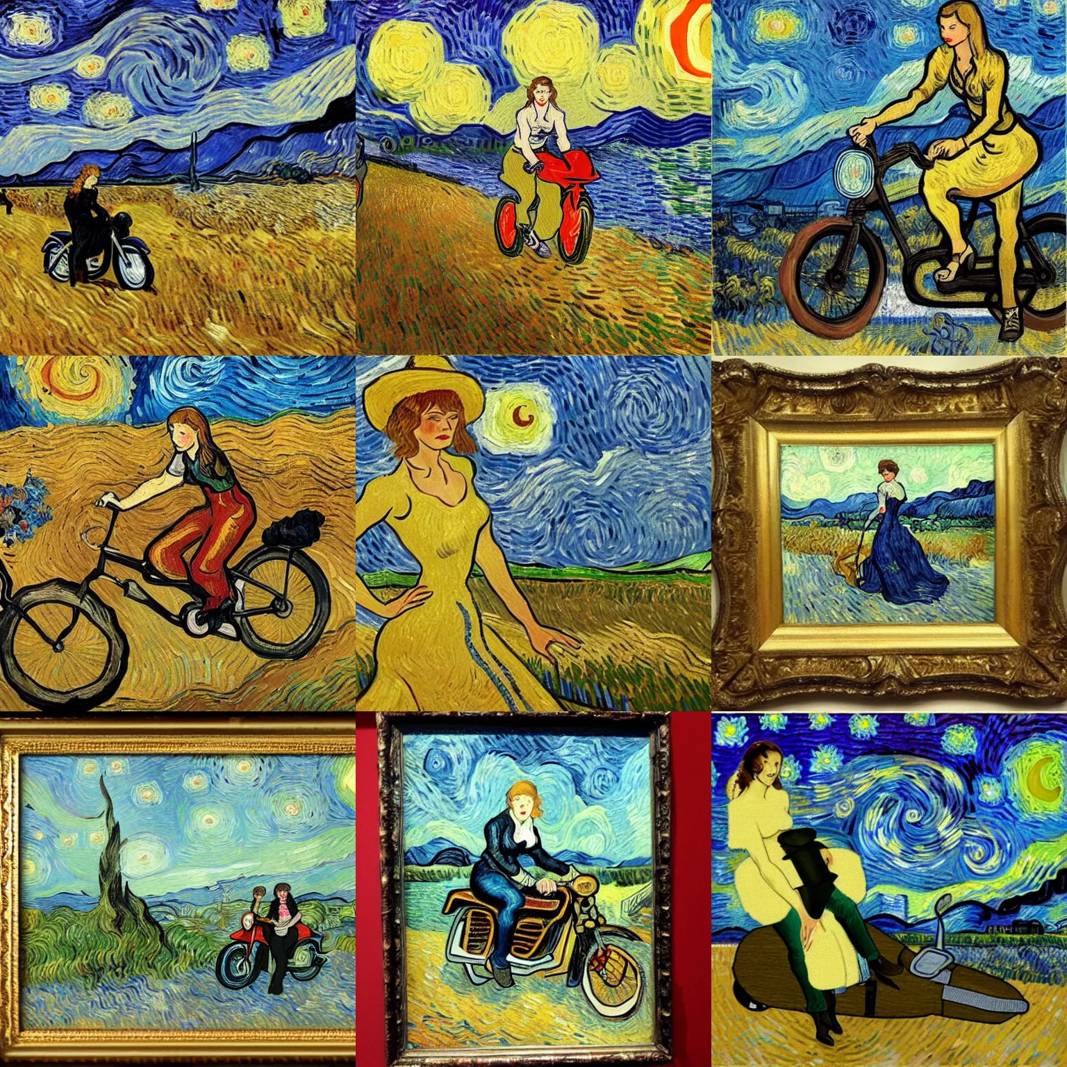 Prompt: van gogh painting of taylor swift riding a motorbike