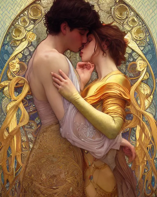 Image similar to the kiss | highly detailed | very intricate | art nouveau | gold filigree | romantic storybook fantasy | soft cinematic lighting | award - winning | painted by mandy jurgens and alphonse mucha and alena aenami | pastel color palette | featured on artstation