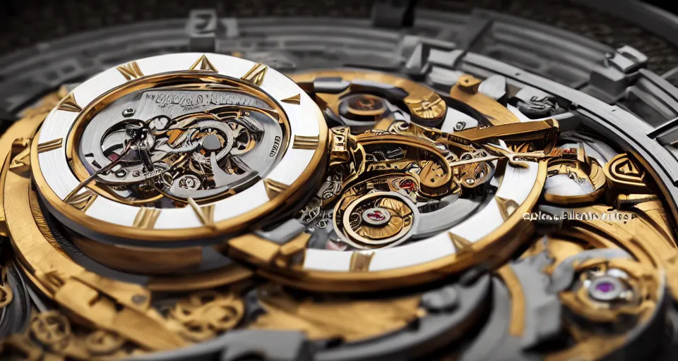 Prompt: complex 3 d render of a futuristic steampunk watch lying on a table, high detail, sharp focus, glowing interior components, intricate detail, depth of field, bokeh, cinematic lighting and composition, octane render, film grain, roger dubuis