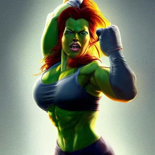 Image similar to she hulk, played by scarlett johannson, beautiful, cinematic, head and shoulders, trending on artstation, digital art, hyper realistic, striking pose, by greg rutkowski