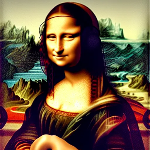 Image similar to the mona lisa with headphones and a phone listening to Lana del rey, photorealistic, high detail