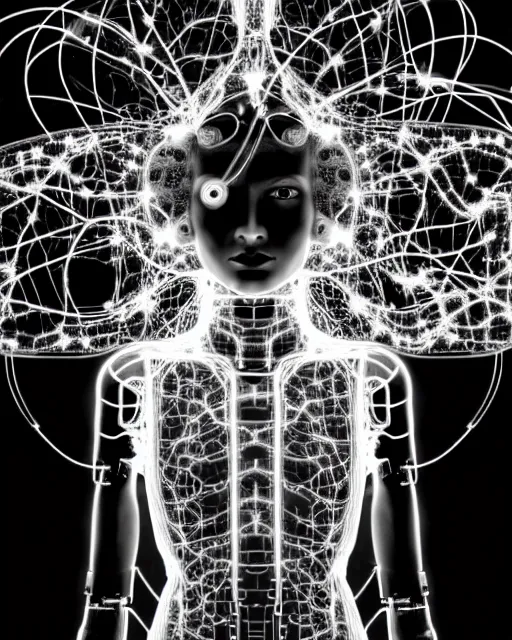 Prompt: black and white connected cyborg - plant goddess high quality photo, microchip, artificial intelligence, bio - mechanical bio - luminescence, black wired cables, neurons, nerve cells, cinematic, rim light, photo - realistic, elegant, high detail, 8 k, masterpiece, high fashion, in the style of dora maar