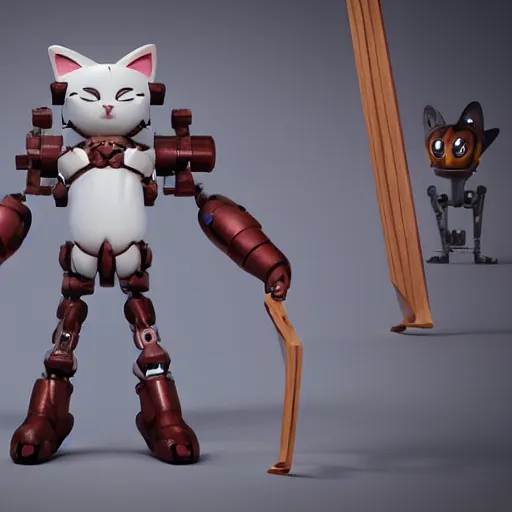 Image similar to 3 d octane render ultra 8 k photorealistic hyper detailed unreal engine an art wooden toys that represent a mythical robot your cute with cat ears