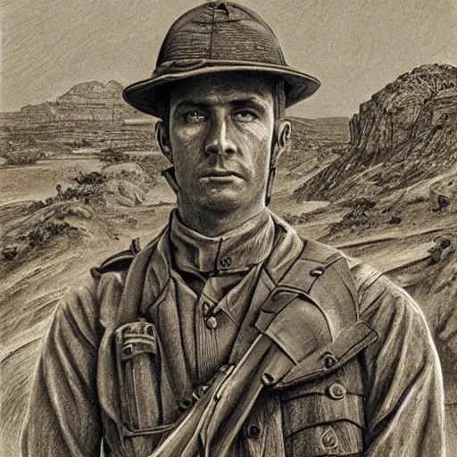 Image similar to a detailed photorealistic sepia - toned color line drawing of a 1 9 1 7 worried clean - shaven british lieutenant in detailed field gear not wearing a hat in wadi rum, ultra realistic, painted, intricate details, lovecraft, atmospheric, dark, horror, brooding, highly detailed, by clyde caldwell