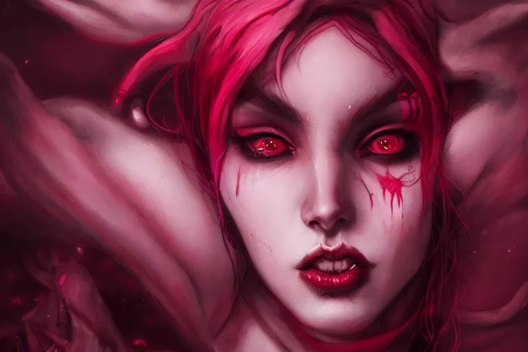 Image similar to an insanely detailed close up portrait of a succubus, black sclera, blood red pupils, pink skin, in the style of peter mohrbacher, artgerm, dramatic lighting and composition, pink fog background, octane render, trending on artstation, concept art 8 k