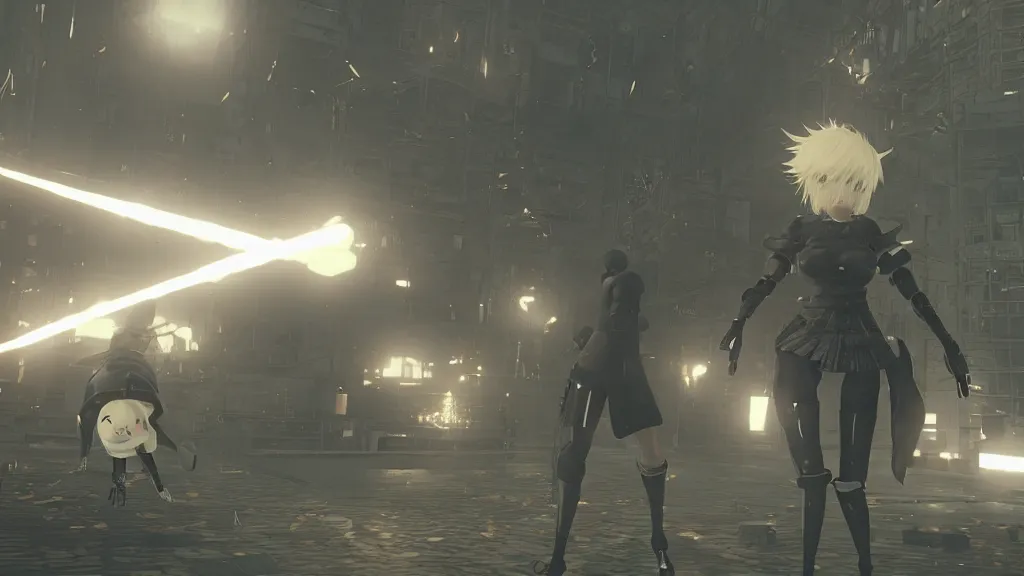 Prompt: Screenshot from Nier Automata during a boss fight with Boris Johnson