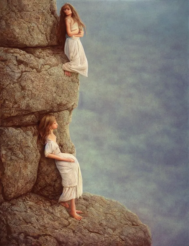 Image similar to peasant barefoot girl with long blowing hair standing on the edge of rock, cottage core, cinematic focus, polaroid photo bleached vintage pastel colors high - key lighting, soft lights, foggy, by steve hanks, by lisa yuskavage, by serov valentin, by tarkovsky, 8 k render, detailed, oil on canvas