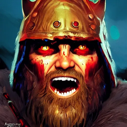 Prompt: Bright, colorful, realistic Viking rpg single individual headshot gore covered scream dramatic backlighting, kodachrome, high contrast, highly detailed, sharp focus, digital painting, concept art, illustration, trending on artstation, comic book by Alex Ross cover art