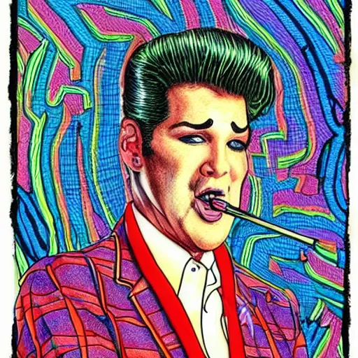 Image similar to The Artwork of R. Crumb and his Cheap Suit Elvis Impersonator, pencil and colored marker artwork, trailer-trash lifestyle