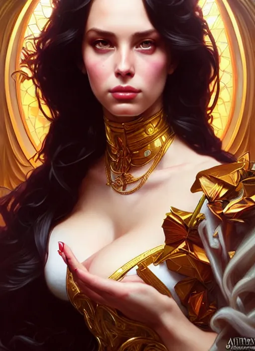 Image similar to lana rhoades as queen, incredibly detailed face, true anatomy, art by artgerm and greg rutkowski and alphonse mucha