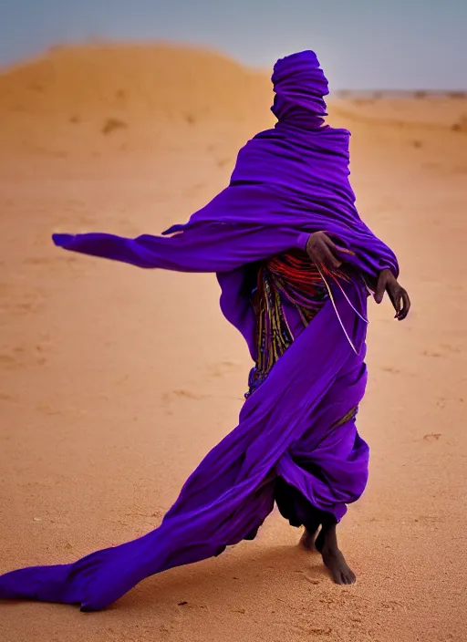Prompt: flowers buds complex structure, full lenght flowing clothes like tornado a old tuareg nomad woman, many fabric, stones near foot, wind, stands on sand, full body shot, dark background, pastel purple colour scheme, masterpiece, photo by steve mccurry, vogue, artstation, moviestill, wide angle lens, sharp
