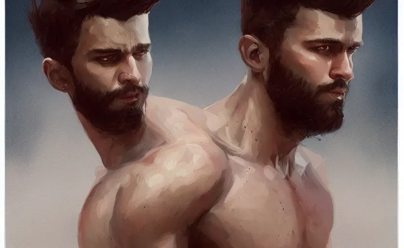 Image similar to a painting of arkul trending on artstation in the style of greg rutkowski, beautiful, male, sensual, natural skin, muscular, stubble