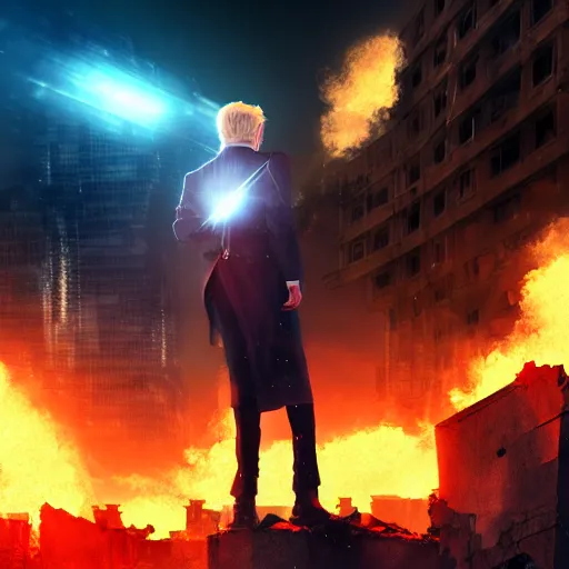 Image similar to hyper realistic, advanced digital art, style of final + fantasy + 1 5, donald trump standing among the rubble of a ruined city at night, gaussian blur, city reflection, 8 8 mm lens, lens flare, fire particle in front, depth of field, close up shot, rim lights wlop