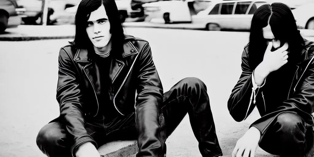 Prompt: a handsome young thug like male teen wearing a black leather jacket has long black hair sitting outside of a gas station, 6 0 s era, film still, anamorphic lens, photoreal, award winning