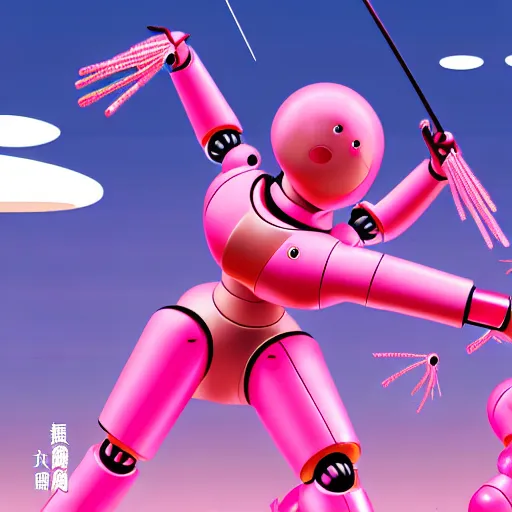 Image similar to a japanese woman battles pink robots, illustrated, detailed, 4 k