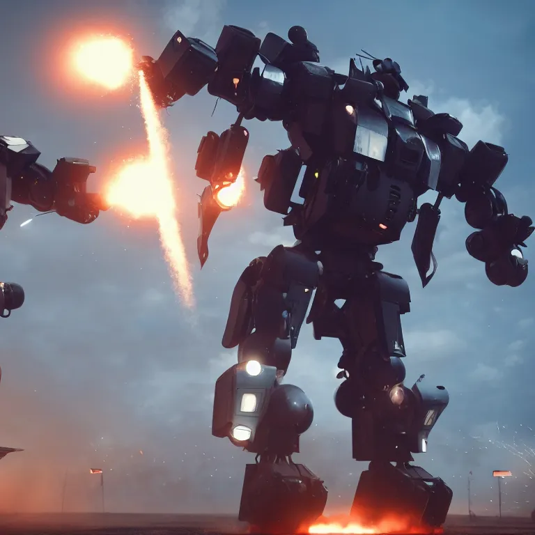 Image similar to Giant police mech fires rockets at helicopter,cinematic lighting, highly detailed, 4k octane render