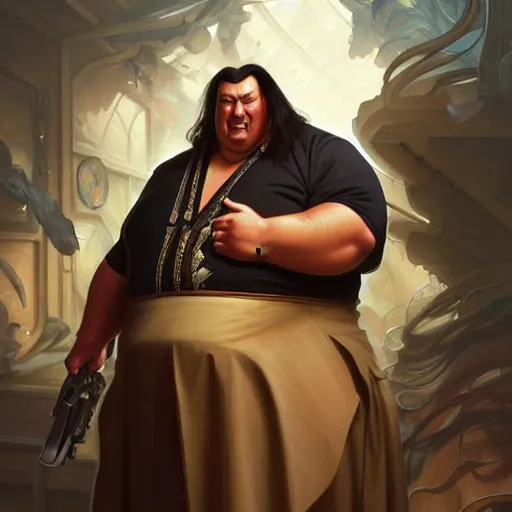 Image similar to Obese Steven Seagal, fantasy, intricate, elegant, highly detailed, digital painting, artstation, concept art, matte, sharp focus, illustration, art by Artgerm and Greg Rutkowski and Alphonse Mucha