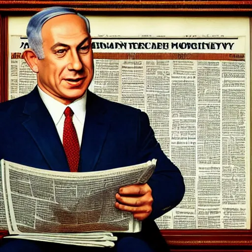 Image similar to portrait of benjamin netanyahu reading a newspaper, by norman rockwell