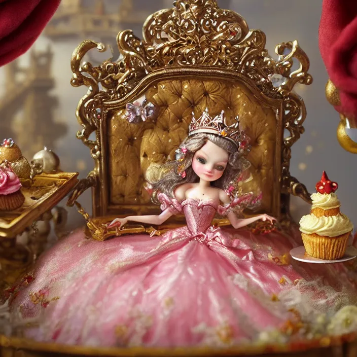 Image similar to highly detailed closeup, portrait of a tin toy fairytale princess sitting on a throne wearing a crown eating cakes, unreal engine, nicoletta ceccoli, mark ryden, earl norem, lostfish, global illumination, detailed and intricate environment