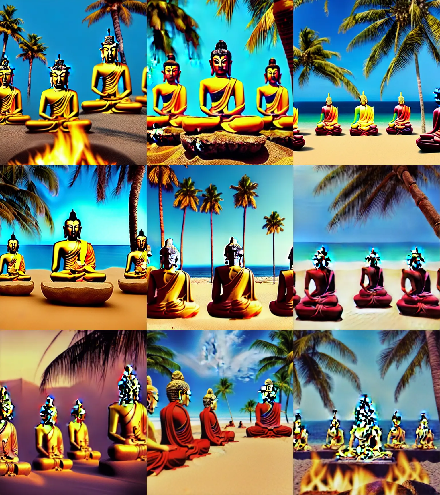 Prompt: multiple buddhas sitting in around a campfire at the beach with palm trees in the back, epic environment, colourful, hyper realistic, extreme detail, sand, smooth, subtle shadows, fine details, octane render, stunning, intricate, elegant, highly detailed, digital portrait, artstation, sharp focus, raw w 8 9 6