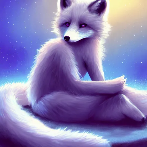 Prompt: cute girl anthro arctic fox with detailed blue eyes sitting around a campfire at night, full face, anime, detailed, trending on artstation, furry anthro fox, pixie, moe, illustration, digital art, concept art