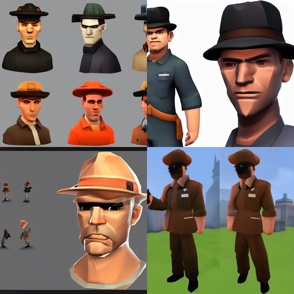 Prompt: the team fortress 2 artstyle now uses up more polygons to render hats than it does player models