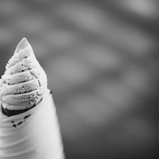 Image similar to a dramatic black-and-white macro photograph of an ice cream cone dressed in a formal tuxedo, ready for the big event on stage. Shallow depth-of-field.
