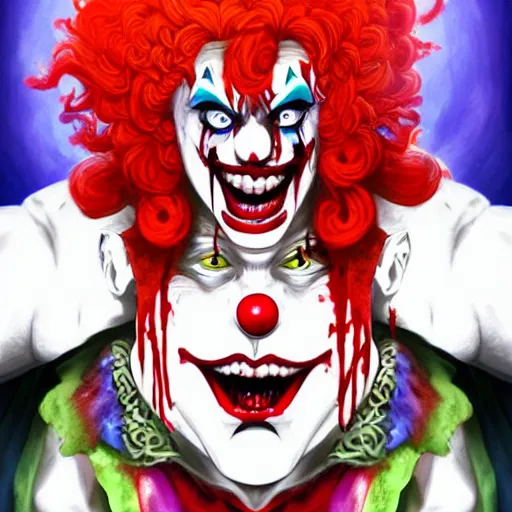 Image similar to 4K headshot of godlike clown with defined arms and open hands and bloody clothes with giant mandala wings , intricate clown face make-up , flawless anime cel animation by Kentaro Miura, psychedelic , highly detailed upper body , professionally post-processed , beautiful, scary, symmetry accurate features, epic, octane rendered, anime masterpiece, accurate