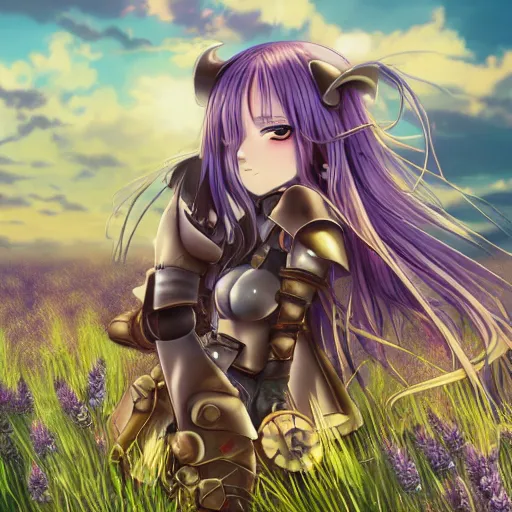 Prompt: anime girl with steampunk armor laying in a grassy field, cinematic lighting, beautiful, lavender flowers, golden hour, extremely detailed, anime, soft colors,